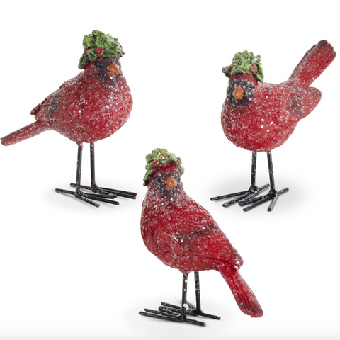 Glittered Resin Cardinals w/Holly Hat (3 Variants)