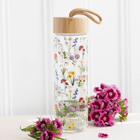Wildflower Floral Glass and Bamboo Water Bottle