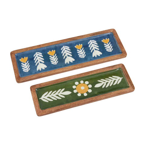 Wood and Enamel Floral Tray Set