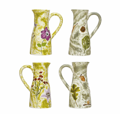 Hand-Painted Floral Stoneware Pitcher