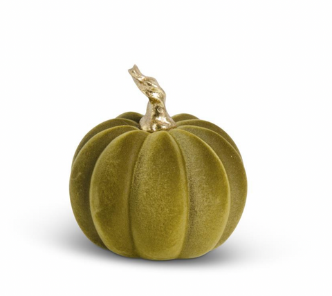 3.5" Green Velvet Pumpkin w/Twisted Gold Stem