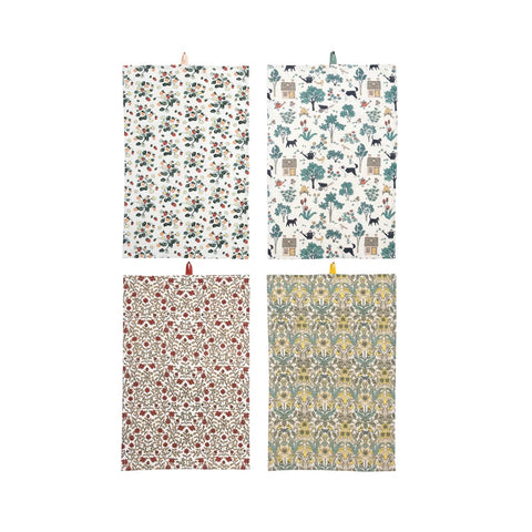 Cotton Printed Tea Towels with Pattern, Set of 4