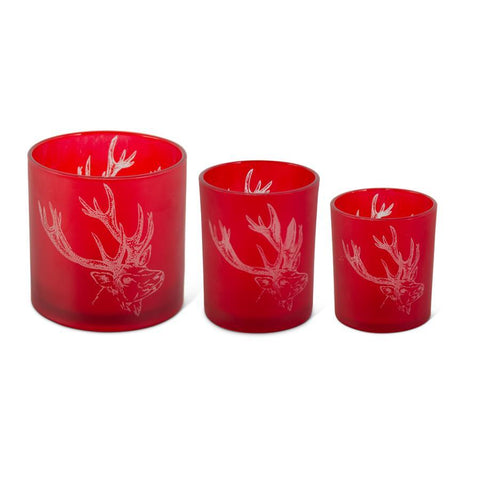 Frosted Red Glass Candleholders w/Etched Deer (3 Variants)