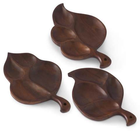 Carved Wooded Divided Leaf Trays S/3