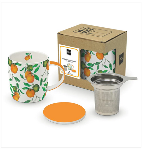 "Beautiful Oranges" Tea Mug with Lid and Strainer