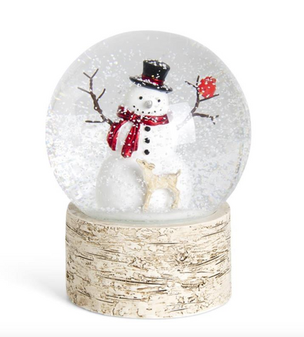 Snowman & Fawn Snow Globe w/Resin Birch Ba