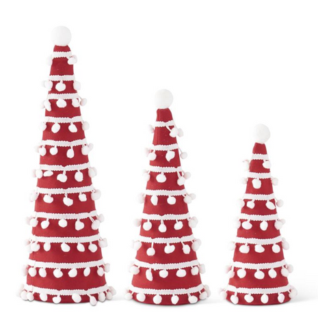 Red Felt Cone Trees w/White Pom Poms