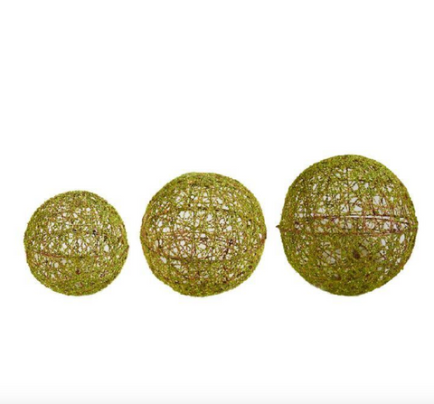 Set of 3 Green Mossy Round Wire Ball Ornaments