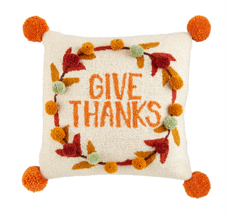 Give Thanks Hooked Wool Pillow