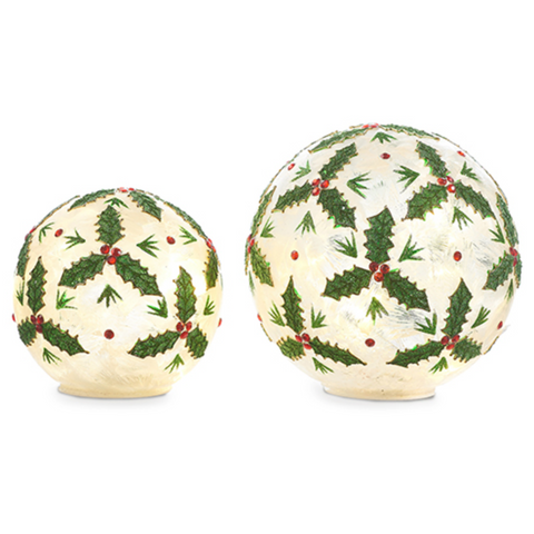 8" Lighted Holly Leaf Balls