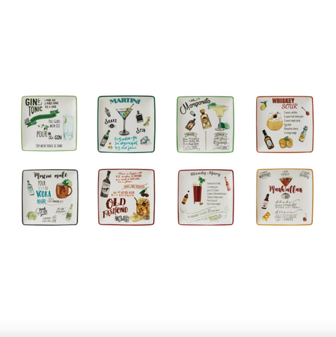 Stoneware Plate w/ Cocktail Recipe & Art, 8 Styles