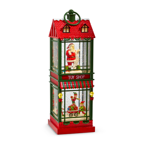 13" Santa and Elves Lighted Water Two Story Toy Shop