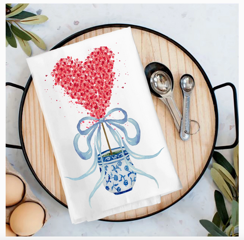 Chinoiserie Hearts Topiary Tea Towel