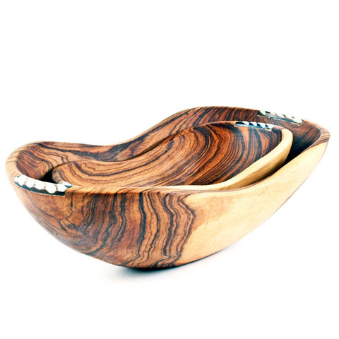 Wild Olive Wood Dip Bowls w/ Batik Bone Inlay S/2