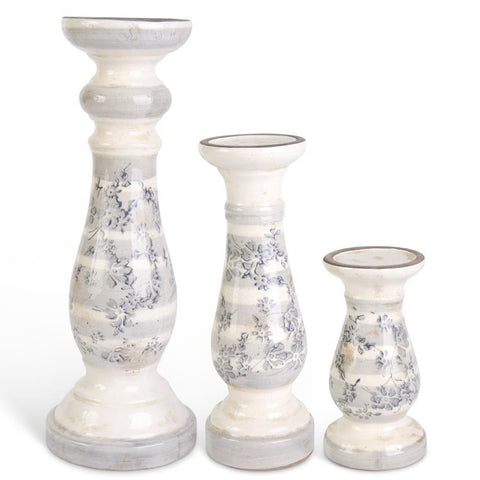 Ceramic Cream Crackle Gray Floral Candleholder