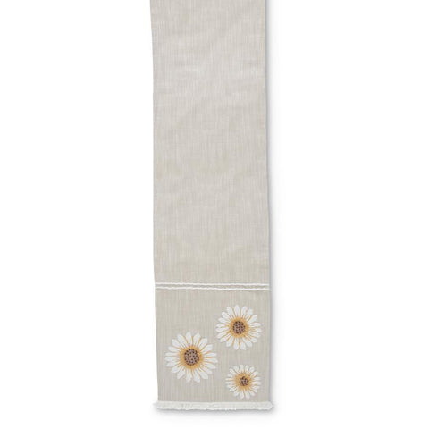 Tan Linen Table Runner With Embroidered Sunflowers