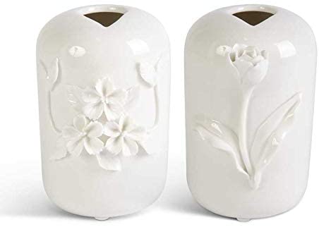 White Ceramic Vase w/Raised Flowers