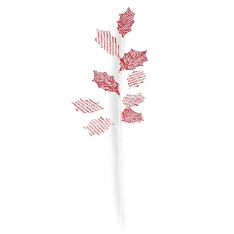 Glittered Red & White Flocked Fabric Holly Leaf