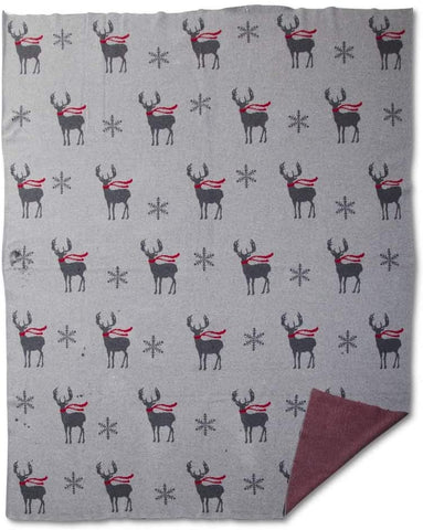 Gray Cotton Knit Throw Blanket w/ Deer & Snowflakes