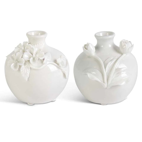 White Ceramic Vase w/Raised Flowers