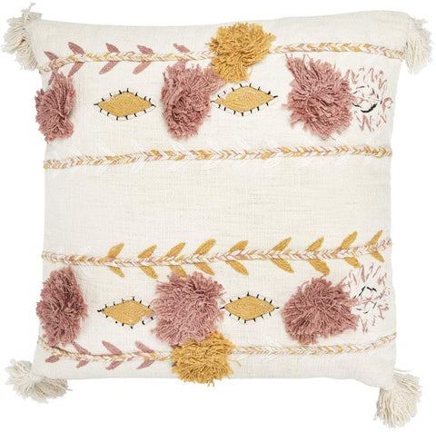 Embroidered Pillow w/ Pom Poms