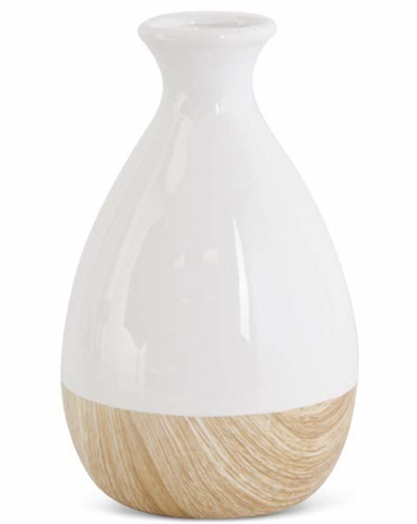 9 Inch White Stoneware Vase with Wood Decal Base