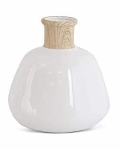 White Stoneware Vase with Wood Decal Base