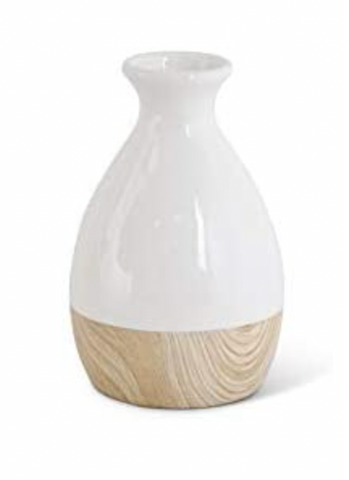 White Stoneware Vase with Wood Decal Base