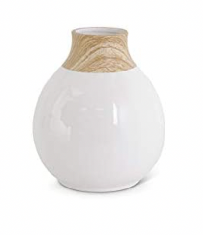 White Stoneware Vase with Wood Decal Base
