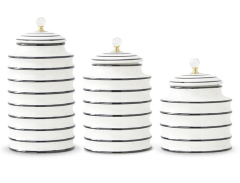 White Ribbed Canisters w/Crystal Knob