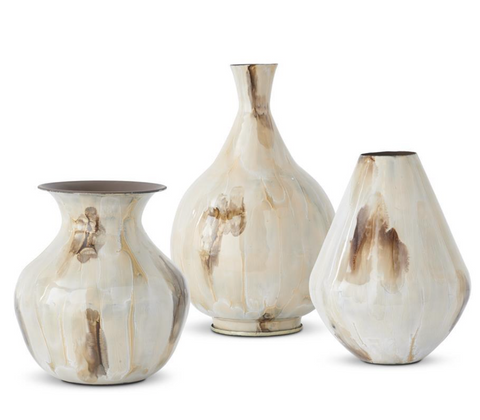 Cream & Brown Enameled Metal Vases