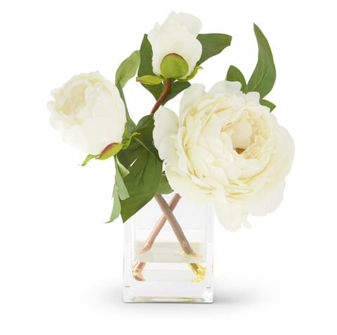10" White Peony Vase w/Faux Water