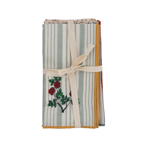 Woven Cotton Napkins w/ Stripe & Floral Embroidery