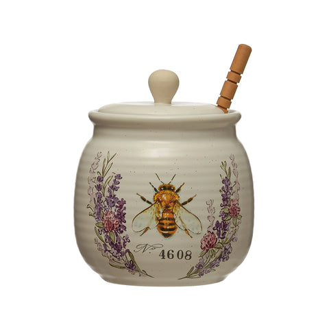 Honey Jar w/ Bee & Wood Honey Dipper