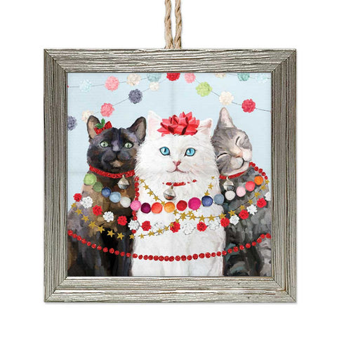 Festive Cat Trio Embellished Wooden Framed Ornament