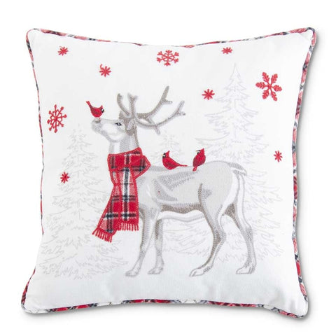 Plaid Piped Pillow with Embroidered Deer & Cardinals